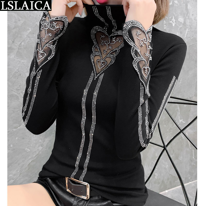 Casual women tops and blouses black turtleneck slim heart hollow out plus size fashion elegant diamonds 210515