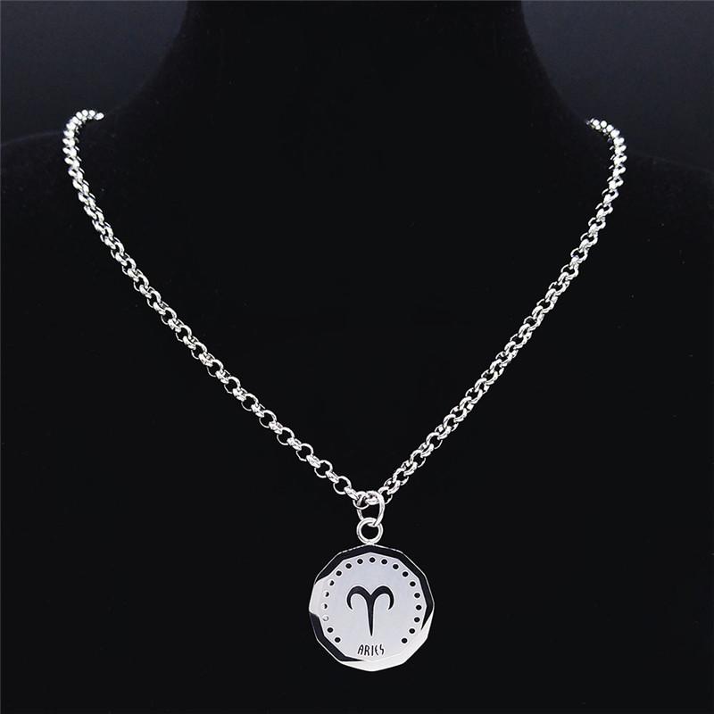 Pendant Necklaces Stainless Steel Aries Astrology Necklace Women/Men Silver Color Round Punk Jewelry Ciondoli Acciaio Inox NXS02