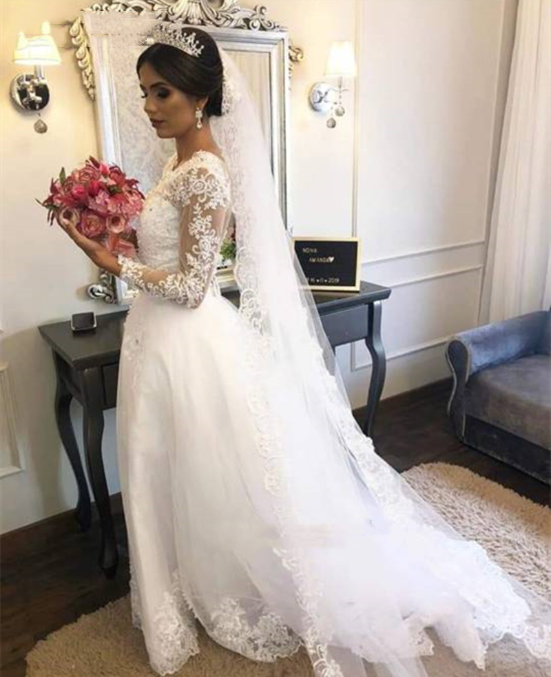 Long Sleeves Two Pieces Wedding Dress 2022 With Flowers Lace Appliqued A Line White Ivory Tulle Bride Dresses Robe De Mariee Garden Bridal Gowns Jewel