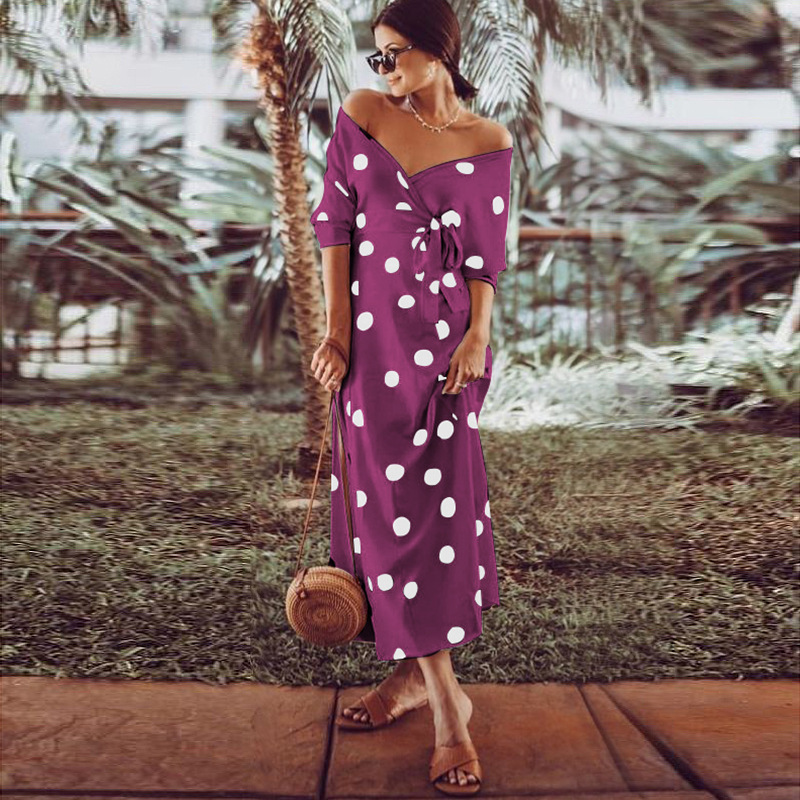 Women Dress Dot Printing Bohemian Long Sleeve Off Shoulder Maxi es Lace Up High Waist Slim es Summer 210513
