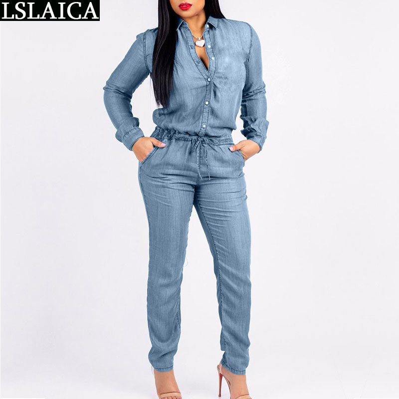 Women jumpsuit blue denim fabric long sleeve decorated jumpsuits for women slim elegant casual office bodysuit 210515