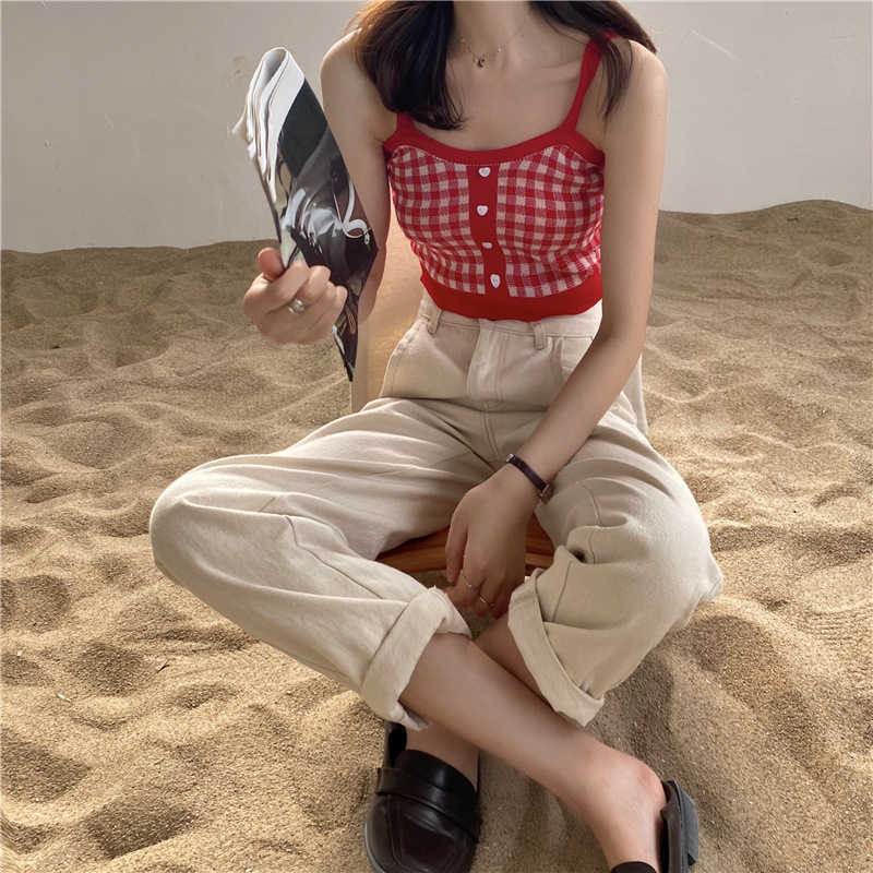 WOMENGAGA Sweet check candy short vest summer top's bottom Knitted Top tank red sexy women korean P8BU 210603