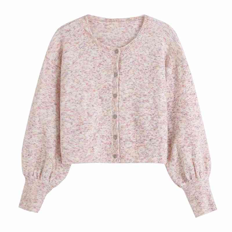 Elegant Women Pink Sweaters Fashion Ladies O-Neck Button Knitted Coats Streetwear Female Chic Lantern Sleeve Cardigan 210430