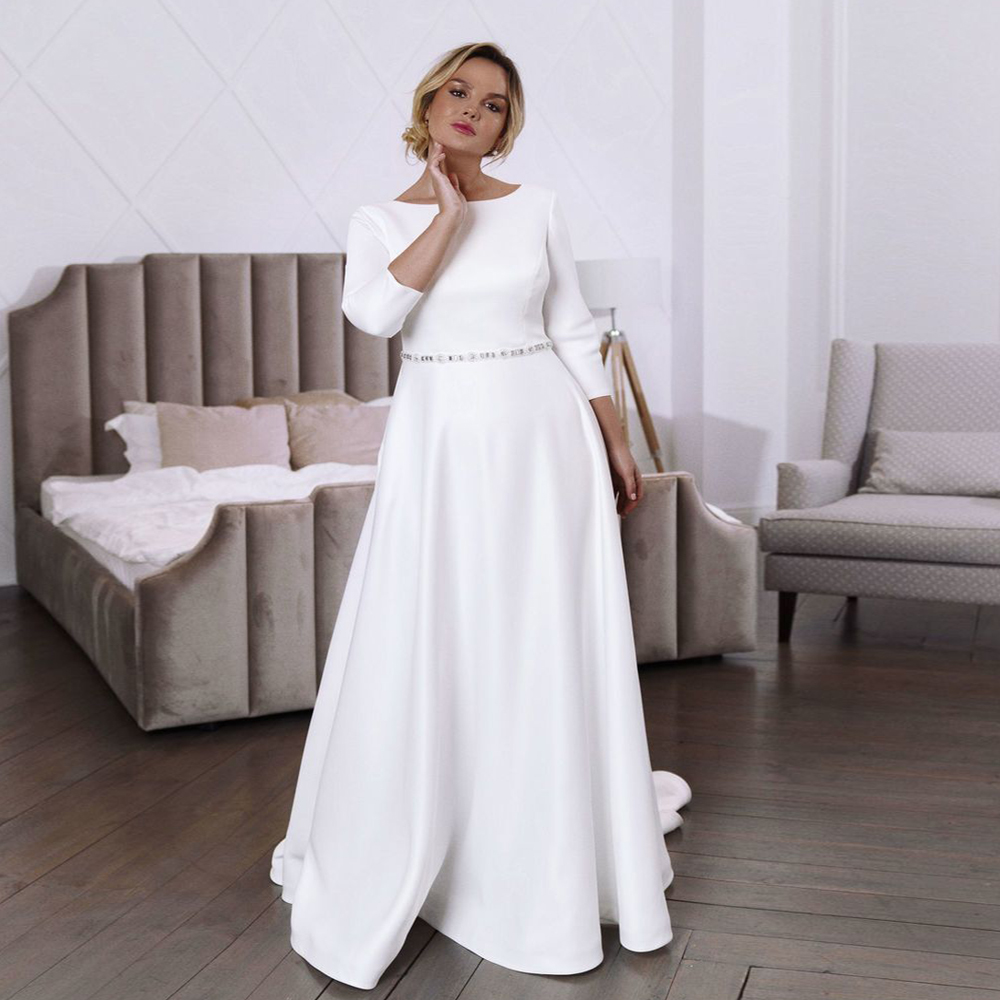 Plus Size Wedding Dress 2021 Simple 3/4 Sleeves Scoop Neck Bridal Gown with Pockets A Line Beading Belt Vestido De Noiva
