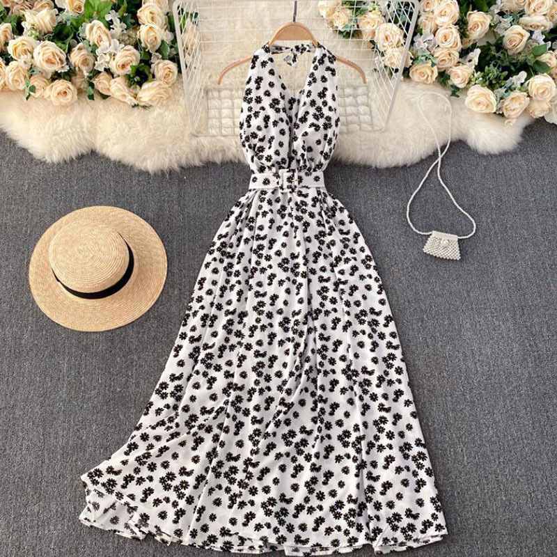 Women Summer Bohemian Long Dress Sexy V-neck Backless Ruffle Floral Print Dress Elegant Sleeveless Beach Vestidos 210521