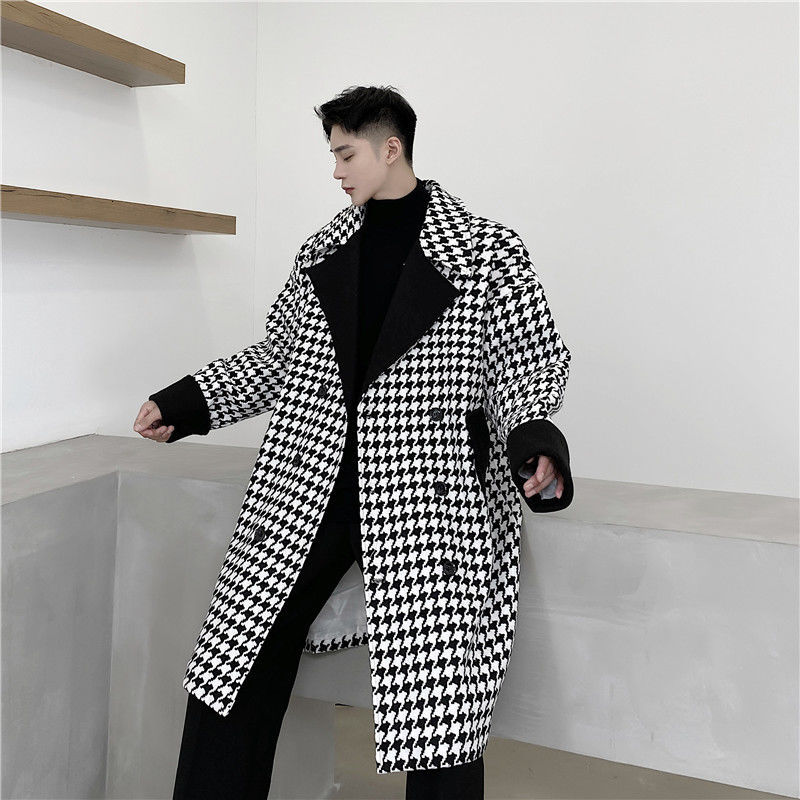 IEFB /men's wear autumn winter Plaid color patchwork loose big size mid length woolen coat for male double breasted long coat 210524