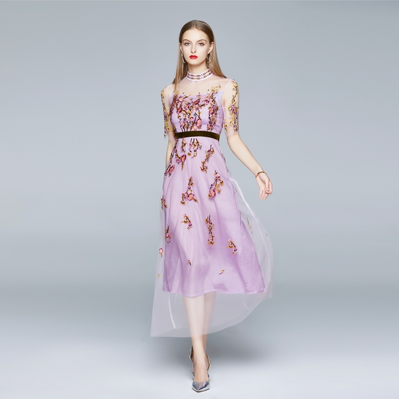 Arrival Vintage Elegant Mesh Embroidery Dress Women Summer Purple Flower Casual Midi Long Dresses Vestidos 210520