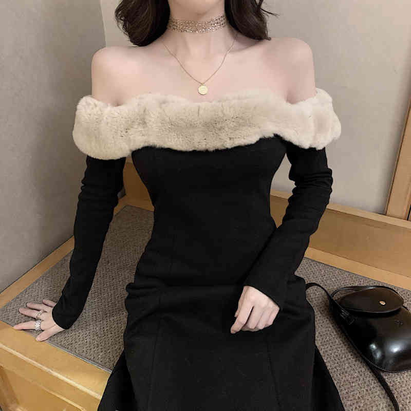 Elegant Vintage Dress Women Long Sleeve Sexy Fur Collar Evening Party Black Dress Female Dress Korean Autumn Chic 210521