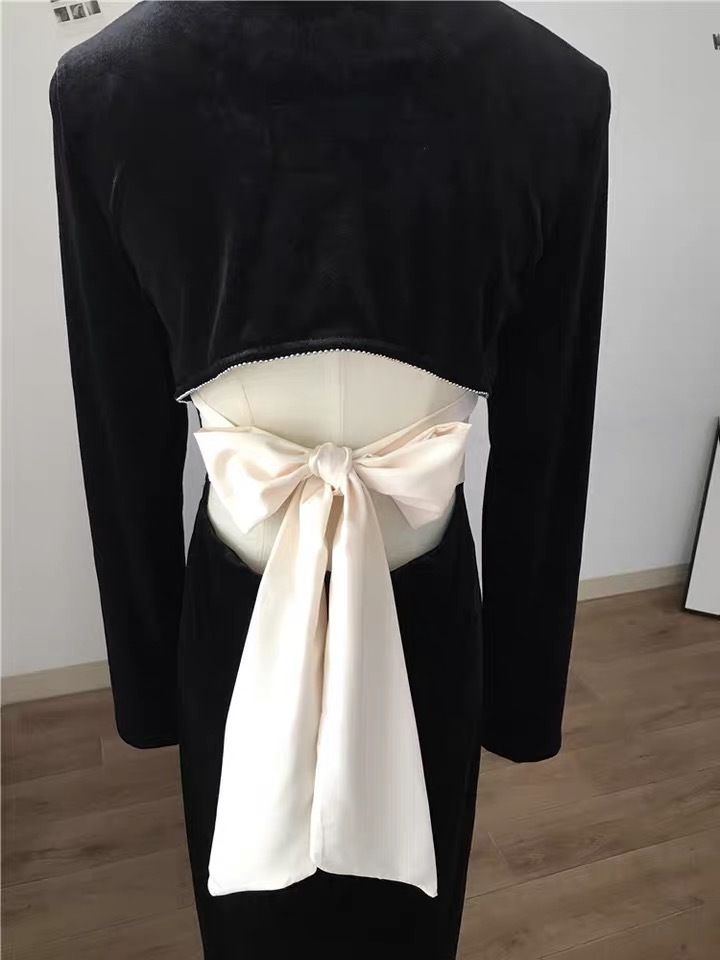 celebrity vintage bow hollow out sexy midi dress for women spring long sleeve black bodycon party dresses vestidos mujer 210421