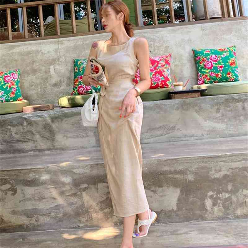 Summer Casual Women Vintage Strap O-neck Sleeveless Long Dress Bandage Green Party Beach Holiday Clothes 210506