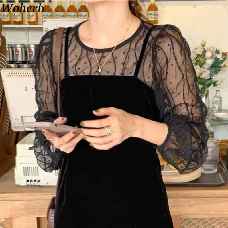 Womens Lace Shirt See Through Tops High Waist Velvet Suspender Elegant Dress Korean Suit Two-piece Set Women 210519