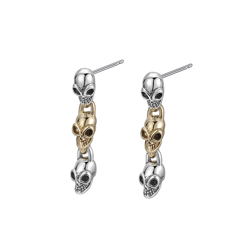 Handmade 925 Sterling silver skull charm link stud post dangle earring American European punk Gothic vintage style designer luxury fine jewelry ear ac