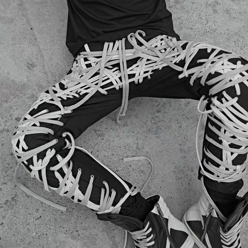 IEFB /men's wear high street Patchwork strings Bandage male's Trouser High Waist Casual Slim Pants Streetwear Fashion 210524