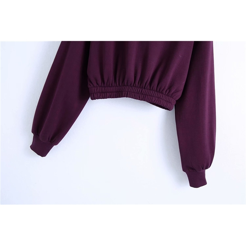 Causal Women Sport Purple Hoodies Fashion Ladies Solid Short Tops Streetwear Female Chic Elastic Waist Pullovers 210430