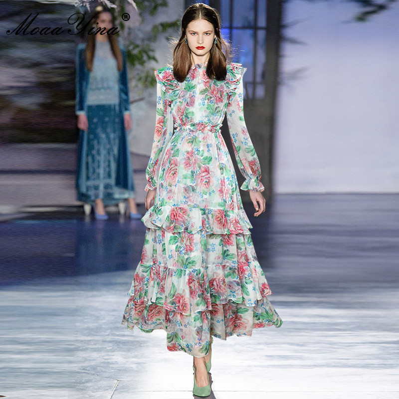 Bohemia Vacation Long Floral Dress Fashion Women's Summer Lantern Sleeve Ruffle Hem Boho A Line Chiffon 210524