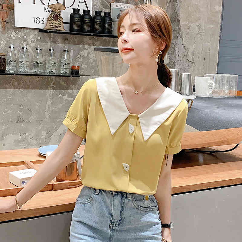 Casual Chiffon Blouses Korean Summer Women Tops Short Sleeve Shirts Solid Back Blow V-neck s Clothing bluasa 9094 210506