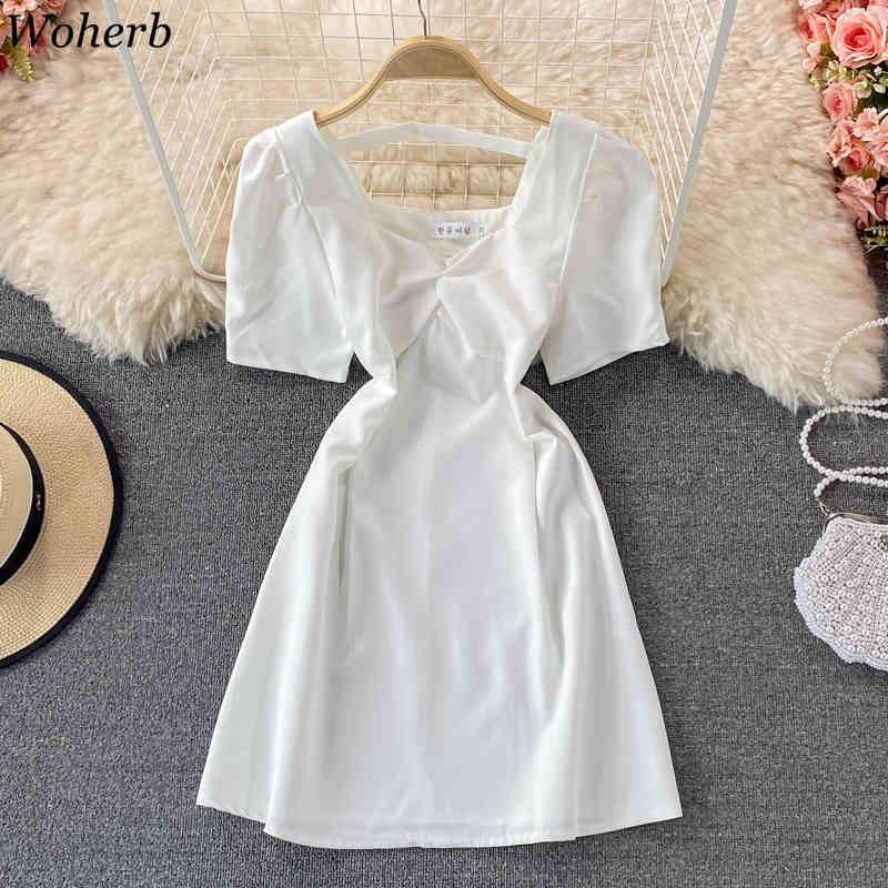 Summer Elegant Square Collar Dress Women Short Puff Sleeve Mini Dresses Sexy Party Korean Robe Femme 210519