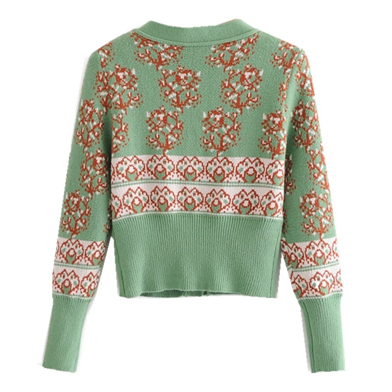 France Green Jacquard Flower Slim V neck Cardigans Women Sweater Retro Buttons Long sleeve Knitting Tops Vintage 210429