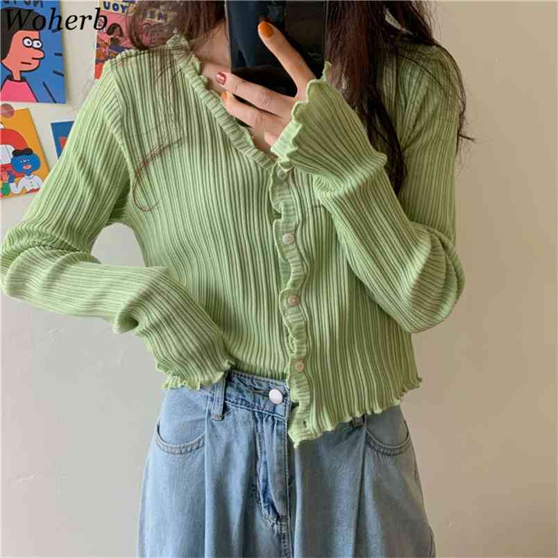 Casual Women Spring Autumn Thin Cardigan Solid Sweet Ruffle Korean Crop Kardigan Lady Chic Sweaters Pull Femme 210519