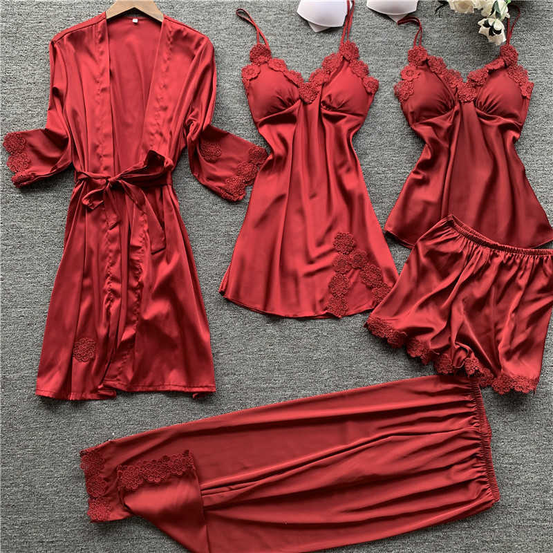 Women Pajamas 5 Pieces Satin Sleepwear Pijama Silk Home Wear Home Clothing Embroidery Sleep Lounge Pyjama with Chest Pads 200919