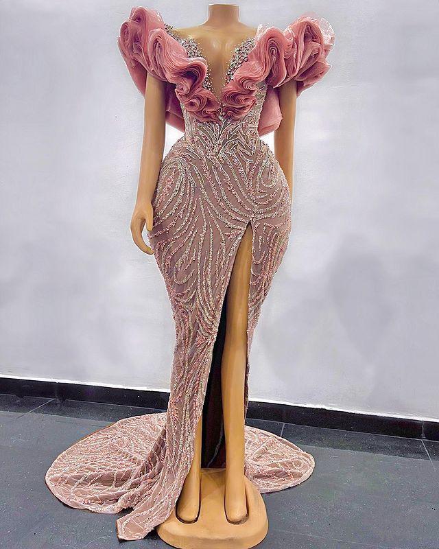 2022 Plus Size Arabic Aso Ebi Luxurious Mermaid Sequined Prom Dresses Beaded Crystals Sheer Neck Evening Formal Party Second Reception Gowns Vestidos 