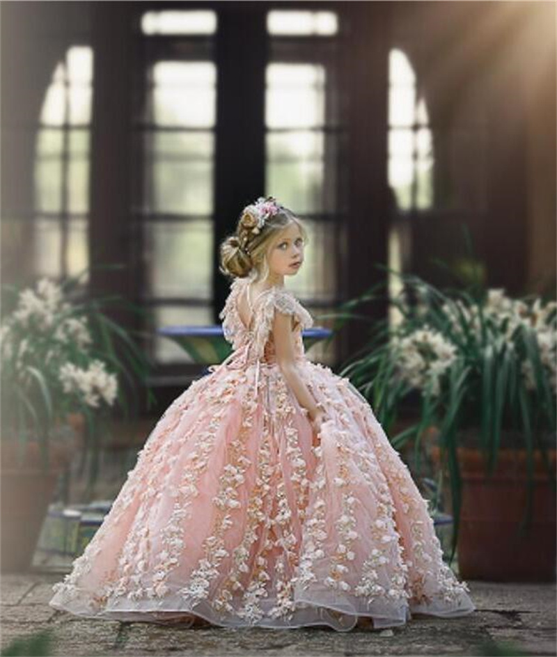 Cute Pink Flower Girl Dress Lace Appliques Floral Back Cross Strap Custom Made Birthday Gowns Floor Length Pageant First Communion Dresses