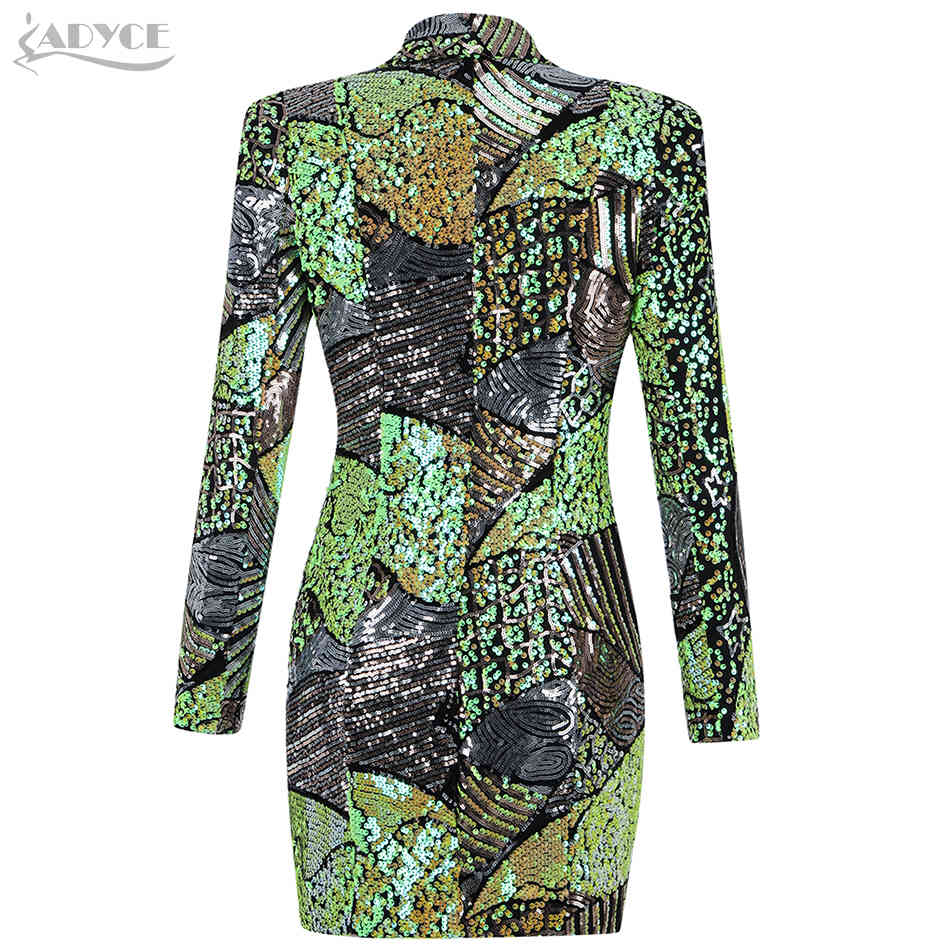 Spring Fashion Long Sleeve Dress For Women Sexy V Neck Green Sequins Mini Celebrity Club Evening Party Lady 210423