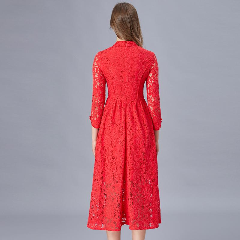 Red Brand Dress Spring And Autumn Standing Collar Lace Cheongsam Wedding Bridal Toast Casual Dresses