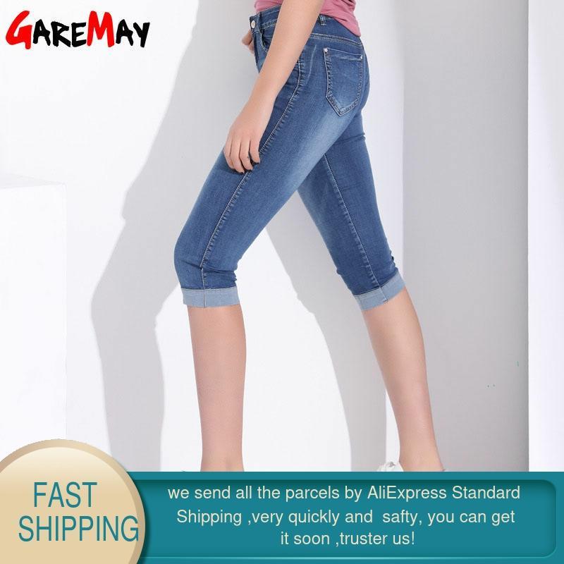 Plus Size Skinny Capris Jeans Woman Female Stretch Knee Length Denim Shorts Pants Women With High Waist Summer 210428