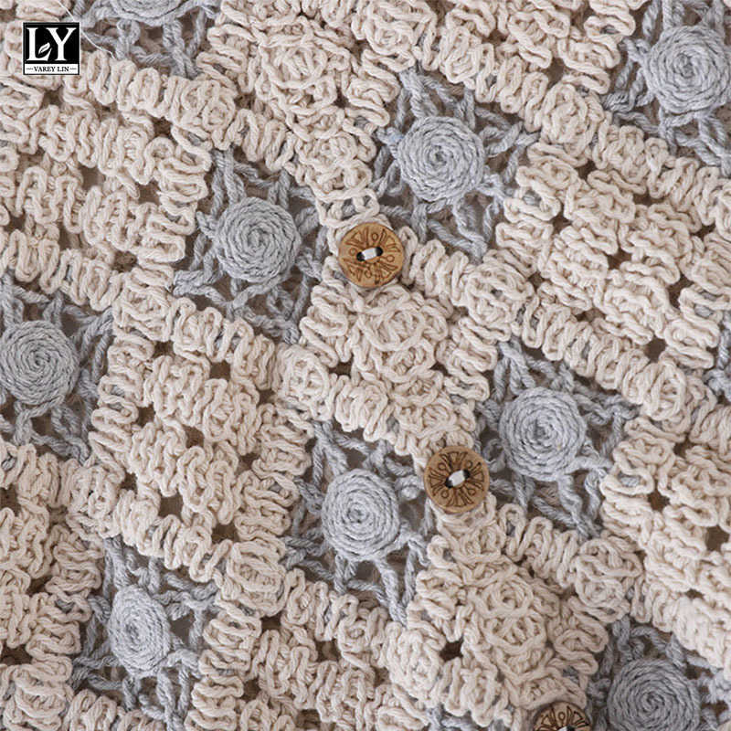 LY VAREY LIN Summer Women Sweet V-neck Lantern Sleeve Female White Shirts Tops Casual Hollow Out Crochet Short Chiffon 210526