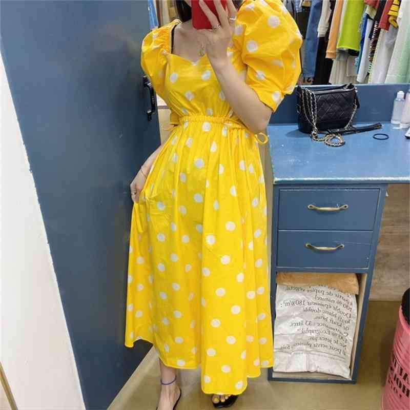 Elegant Vintage Polka Dot Print square collar Summer Midi Dress Korean Women puff sleeve Sexy slim Hollow out waist dress 210519
