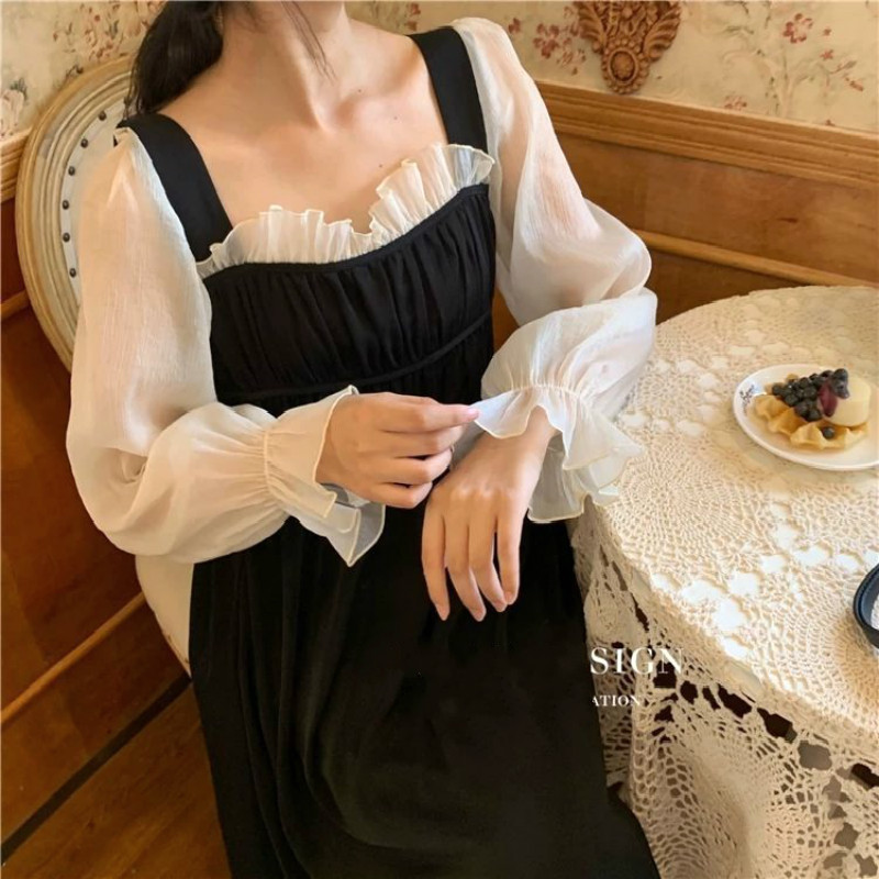 French Elegant Dress Women Vintage Square Collar Long Sleeve Fairy Dress Lace-Up Chic Party Dress Korean Autumn 210521