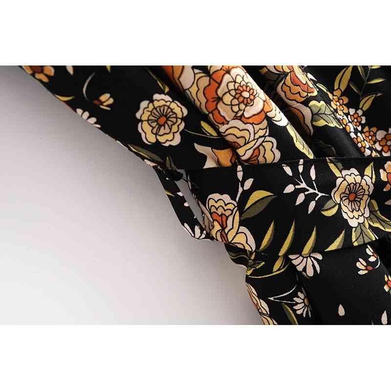 Bohemia V neck Orange Flower Print Long Kimono Shirt Black Ethnic Women Lacing up Bow Sashes Cardigan Loose Blouse Tops 210429