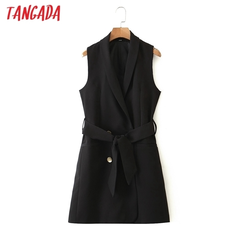 Tangada woman black long vest coat with slash office ladies waistcoat sleeveless blazer double breasted elegant top 3Z38 210909