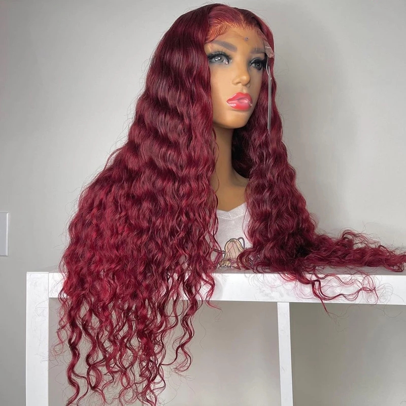 Burgundy #99J Curly Brazilian Hair Lace Frontal Wigs For Women Pre Plucked Deep Wave Wine Red 13x4 Lace Front Wig Synthetic Heat Resistant Brazilian W