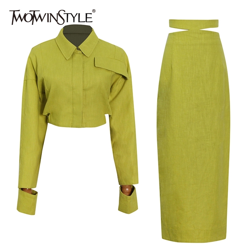 TWOTWINSTYLE Korean Two Piece Suit Women Clothing Crop Top High Waist Cut Out Split Bodycon Skirt Sets Female Style 211108, Yellow
TWOTWINSTYLE Korean Two Piece Suit Women Clothing Crop Top High Waist Cut Out Split Bodycon Skirt Sets Female Style 211108, Yellow