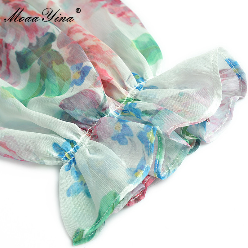 Bohemia Vacation Long Floral Dress Fashion Women's Summer Lantern Sleeve Ruffle Hem Boho A Line Chiffon 210524