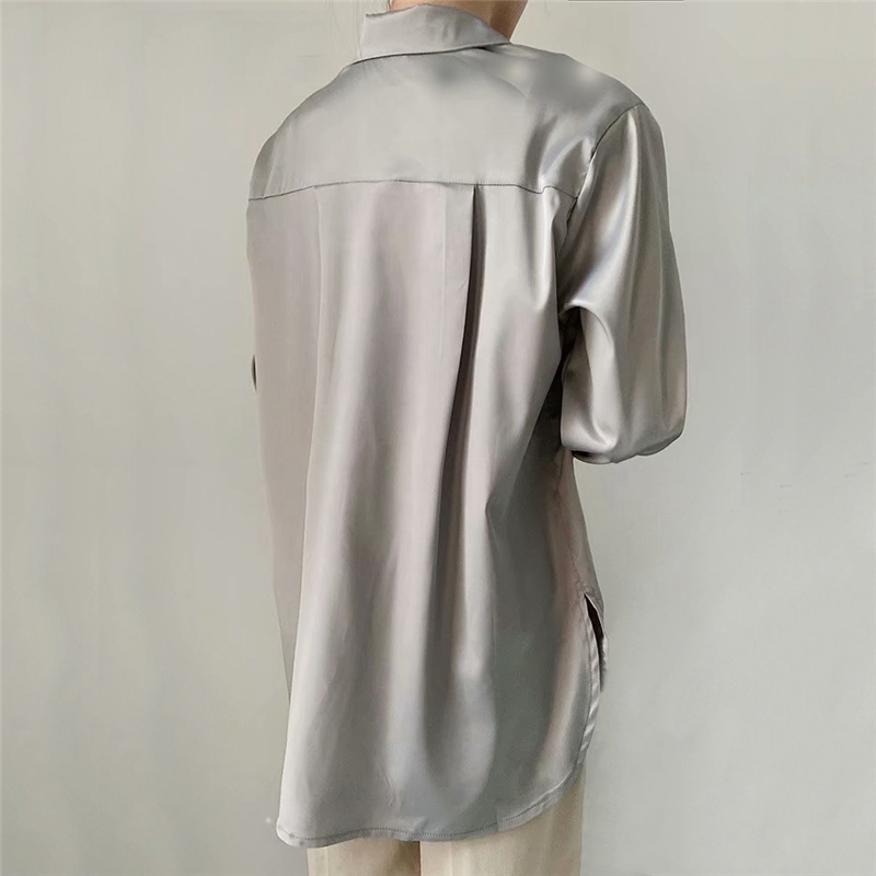 Causal Women Elegant Solid Grey Shirts Fashion Ladies Loose Satin Soft Tops Streetwear Female Chic Button Blouse 210430