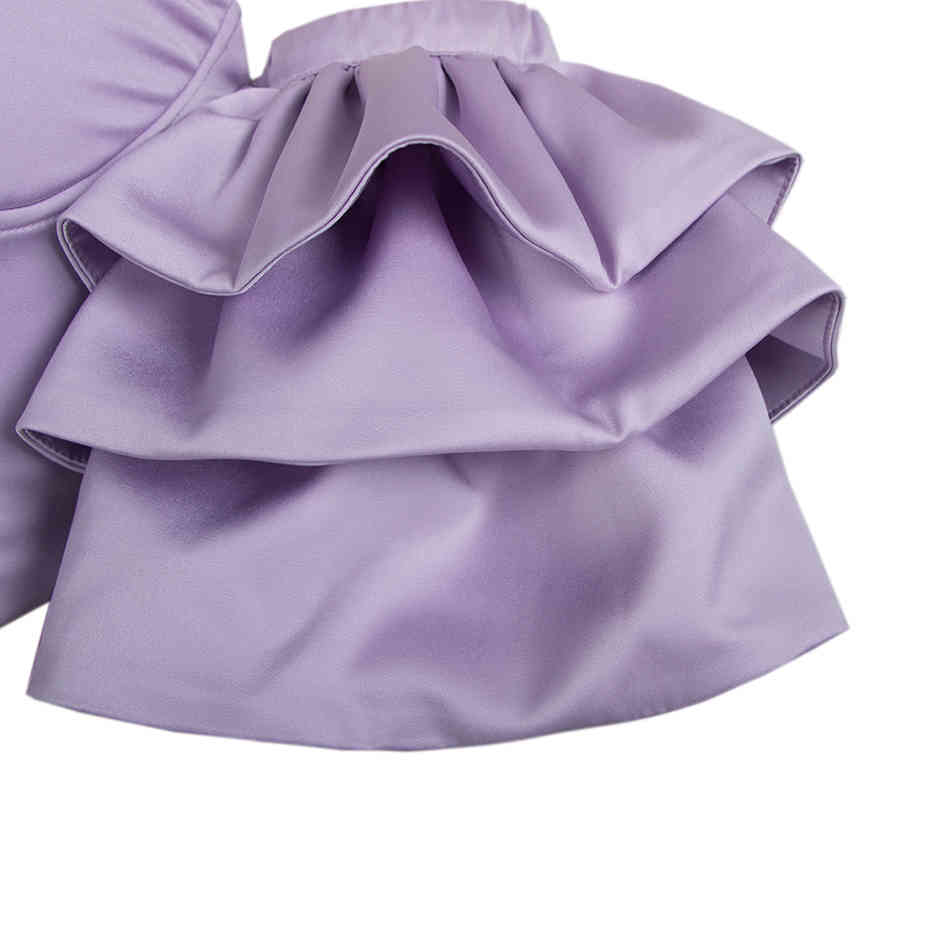 Free Chic Women's Purple Crop Top Sexy V-neck Card Shoulder Ruffle Sleeve Halter Cropped 210524