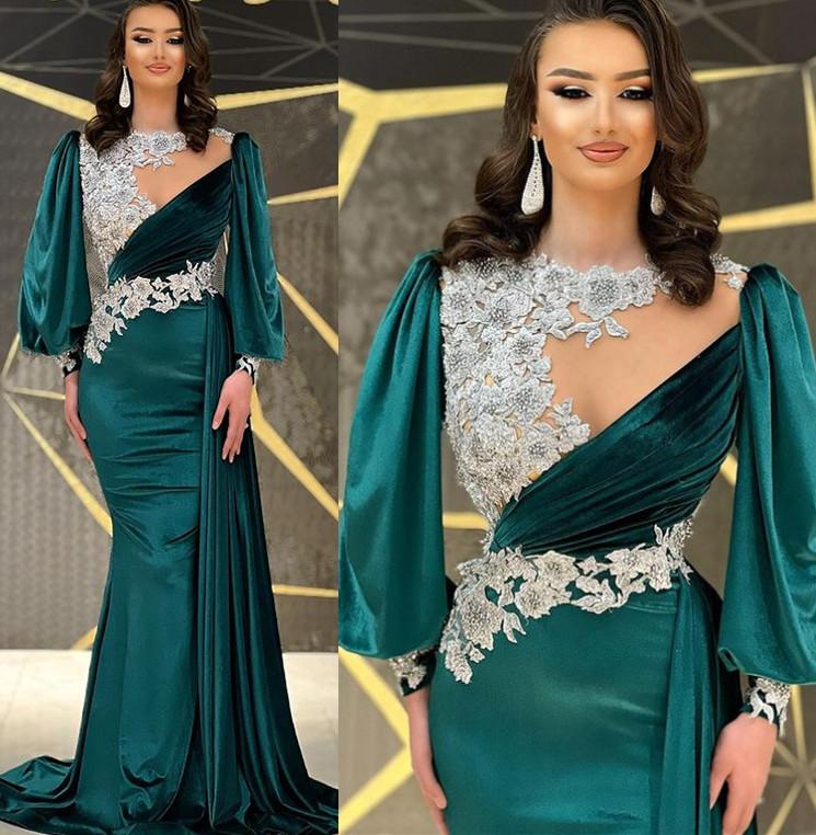 Arabic Aso Ebi Hunter Green Veet Mermaid Prom Dresses 2022 With White Lace Beaded Evening Formal Party Second Reception Wears