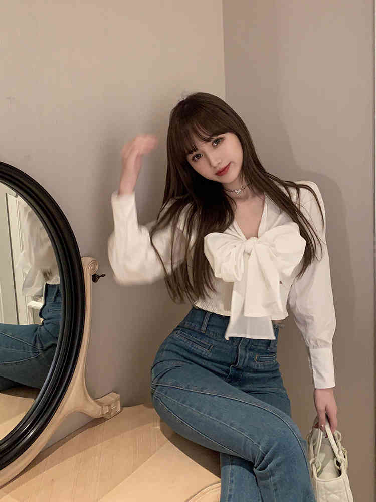 Nomikuma Korean Sweet Bow Tie Short Blouse Puff Long Sleeve V-neck Women Shirts Autumn New Slim Waist Blusas Mujer 6C808 210427