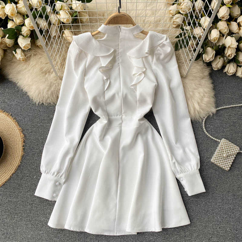 Spring Fashion Women Color Contrast Bow Long Sleeve High Waist Slim A-line Dress White Black Casual Clothes Vestidos R312 210527