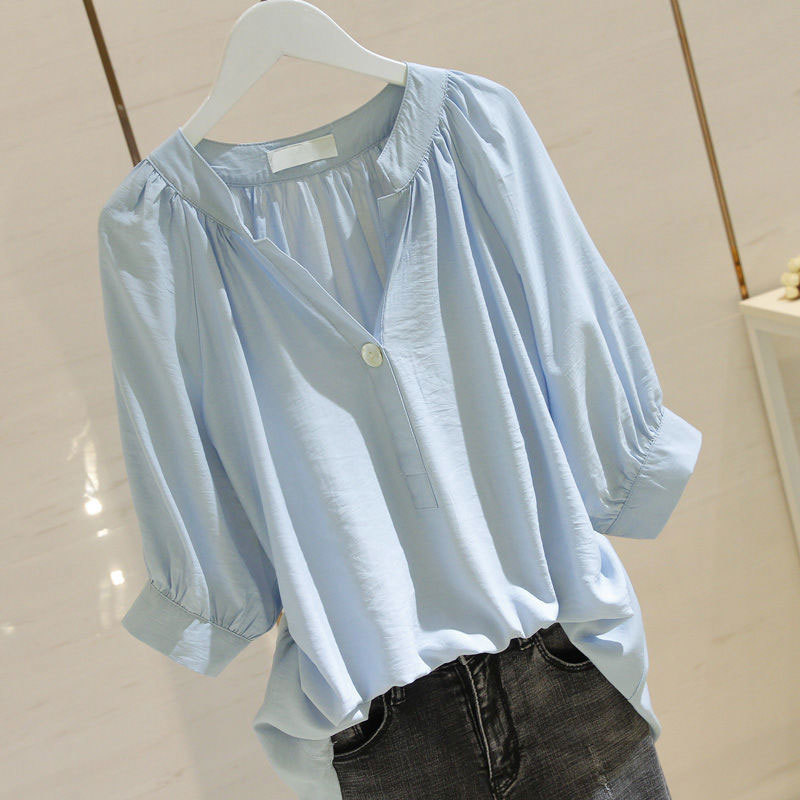 Summer Women Shirt Plus Size Loose Casual V-neck White Blouse Cotton Female Half Sleeve Solid Tops And Blouses Lady Clothes D77 210512