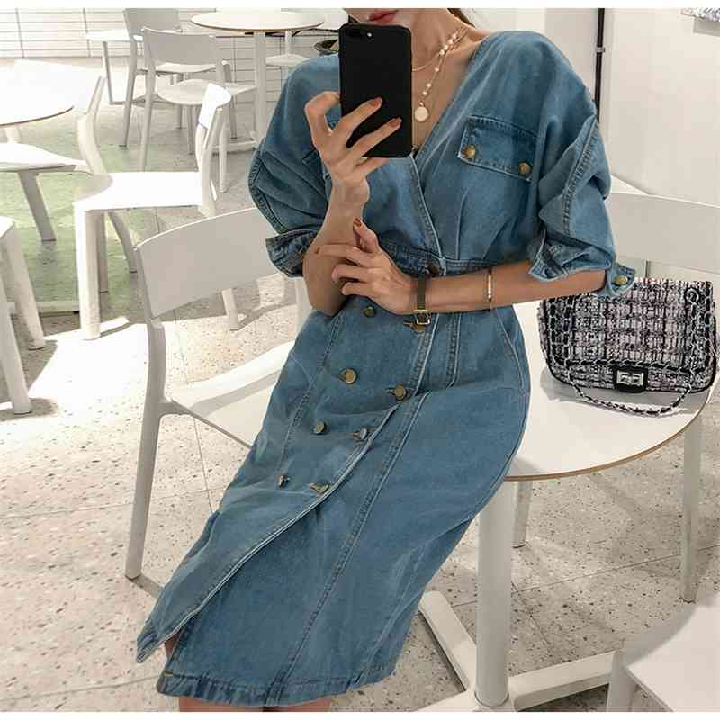 Sexy V-Neck Slim Denim Dress Female Chic Double Breasted Bat Sleeve Women Backless Jeans Femme 210520