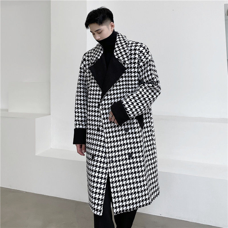 IEFB /men's wear autumn winter Plaid color patchwork loose big size mid length woolen coat for male double breasted long coat 210524