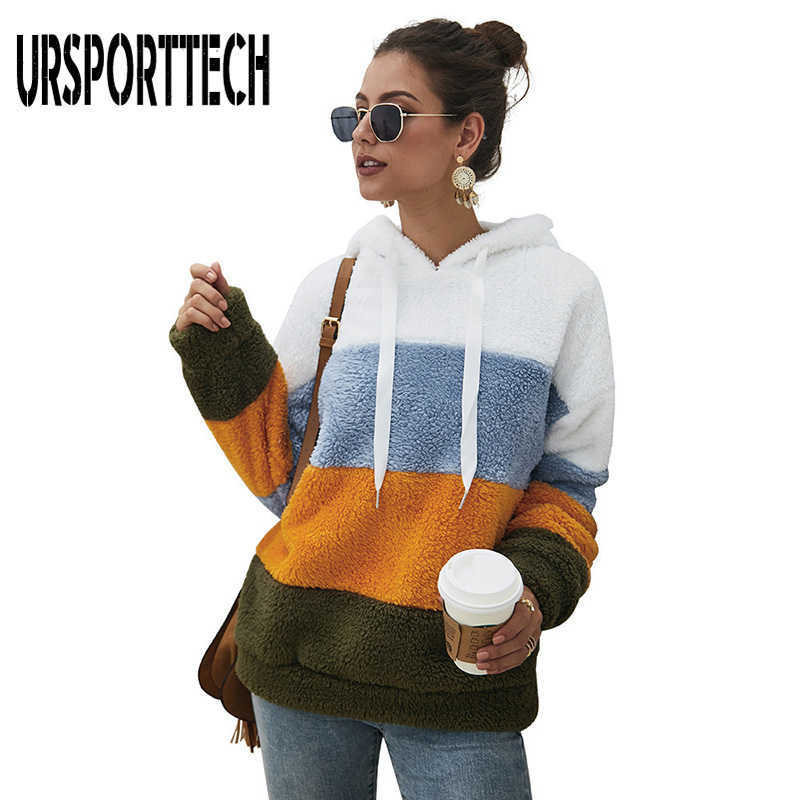 Fax Fur Hoodies Women Hooded Sweatshirt Striped Long Sleeve Autumn Pullover Ladies Thick Warm Teddy Hoodie Casual Streetwear 210528
