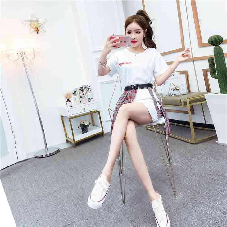 Fashion Solid Color Suits White Cotton T-shirt Dresses + Plaid Mini Skirt Two-piece Set Summer Women Clothes 210519