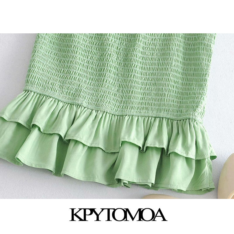 Women Sweet Fashion Elastic Smocked Ruffled Mini Dress Square Collar Puff Sleeves Female Dresses Vestidos 210420
