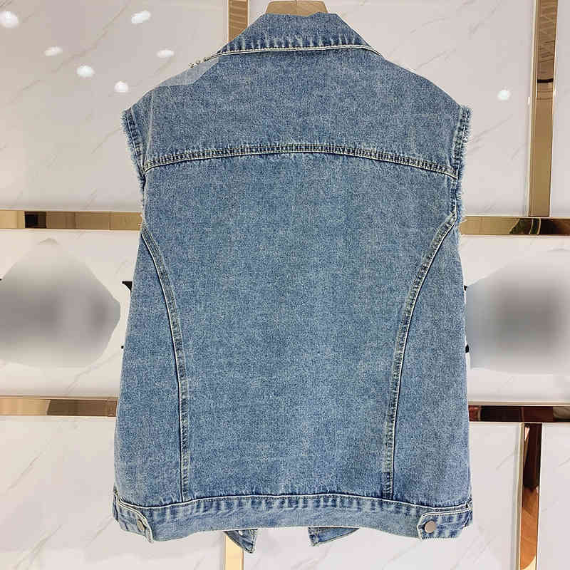 Casual Patchwork Lace Vest Coat For Women Lapel Sleeveless Loose Denim Jackets Female Fashion Clothing 210524