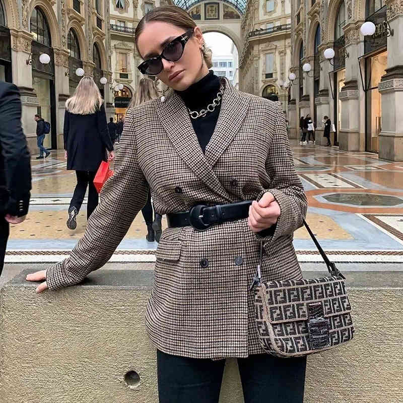 elegant women plaid brwon blazer jackets fashion ladies chic long suits casual female streetwear girls vintage 210430